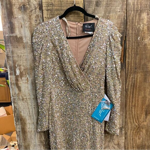 Mac Duggal 5510 Gold Puff Shoulder SequinSurplice Gown Long Sleeve Dress as is 6 - Picture 10 of 12
